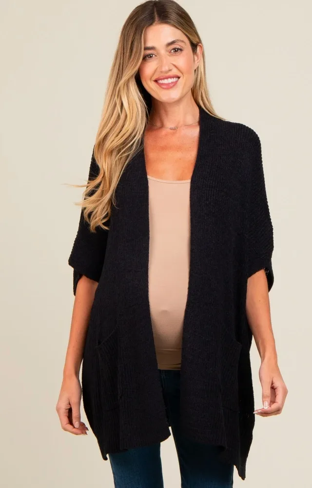 Black Drop Shoulder Side Pocket 3/4 Sleeve Maternity Cardigan