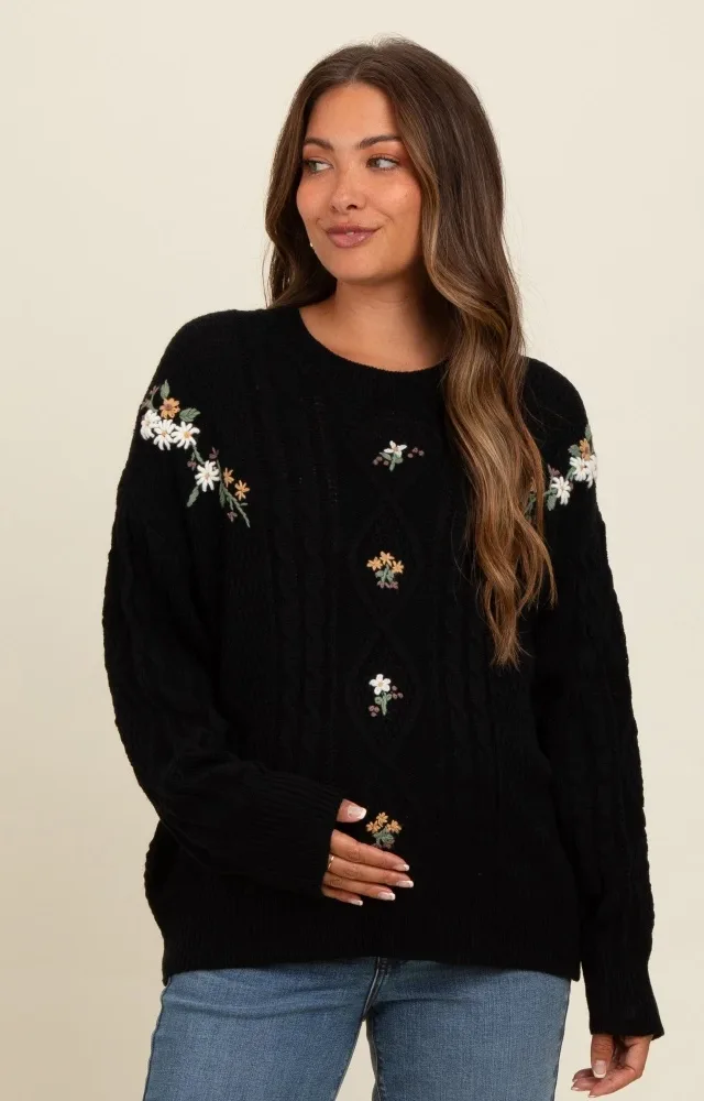 Black Embroidered Flower Cable Knit Maternity Sweater