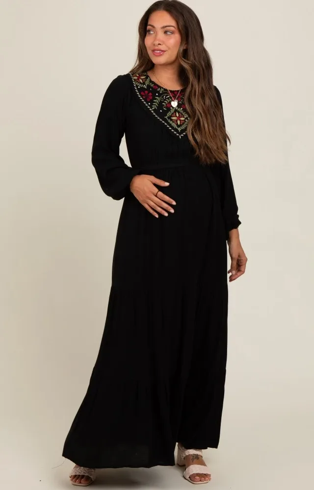 Black Embroidered Maternity Tiered Maxi Dress