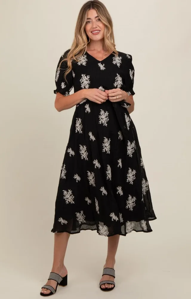 Black Embroidered Sash Tie Maternity Midi Dress