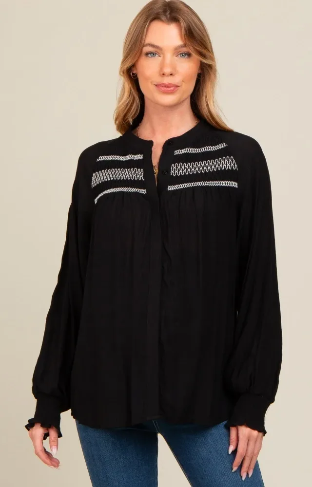 Black Embroidered Smocked Maternity Blouse