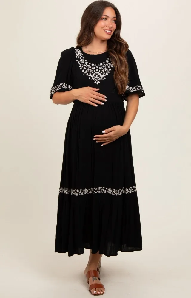 Black Embroidered V-Back Ruffle Maternity Midi Dress