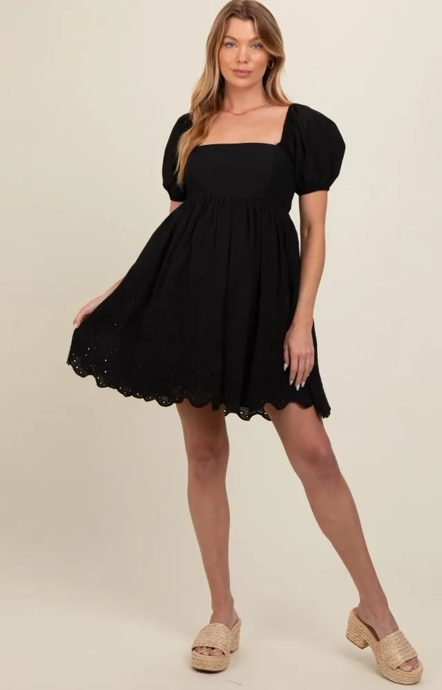 Black Eyelet Lace Puff Sleeve Maternity Dress