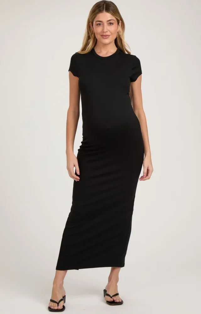 Black Fitted Short Sleeve Maternity Maxi Dress