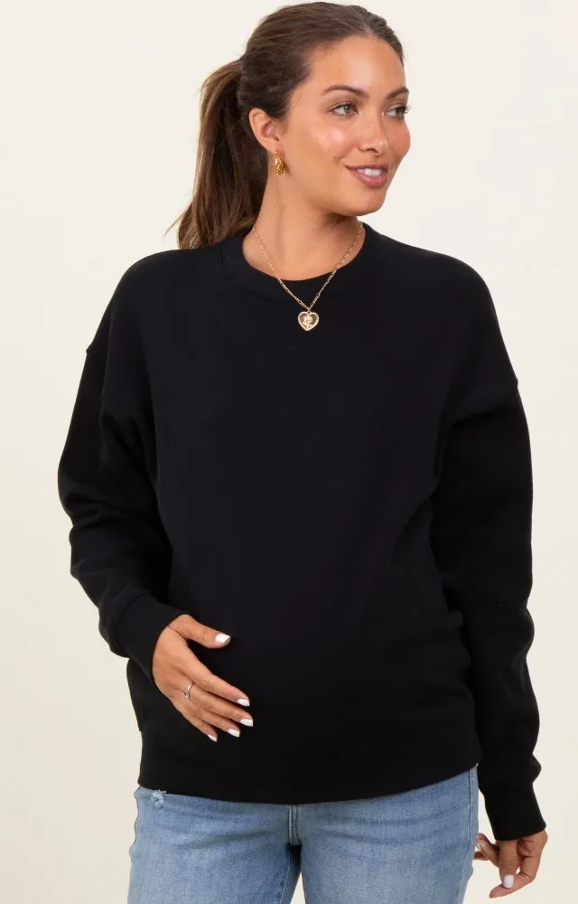 Black Fleece Crew Neck Relaxed Fit Maternity Sweatshirt