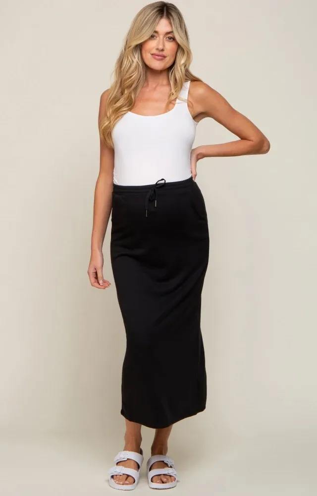 Black Fleece Drawstring Maternity Maxi Skirt