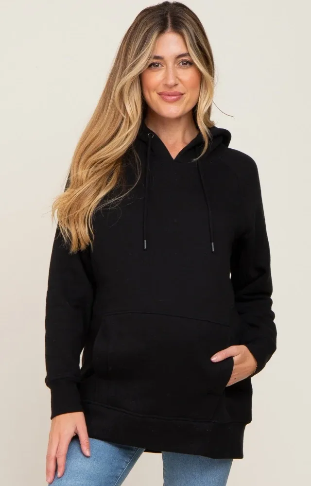 Black Fleece Front Pocket Maternity Hoodie