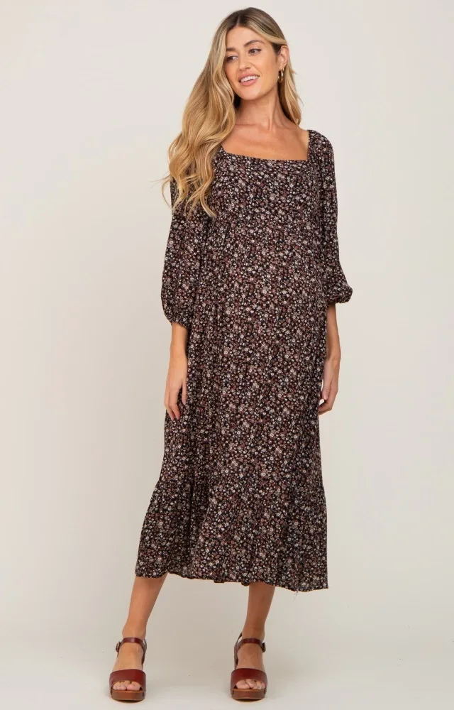 Black Floral 3/4 Sleeve Maternity Midi Dress