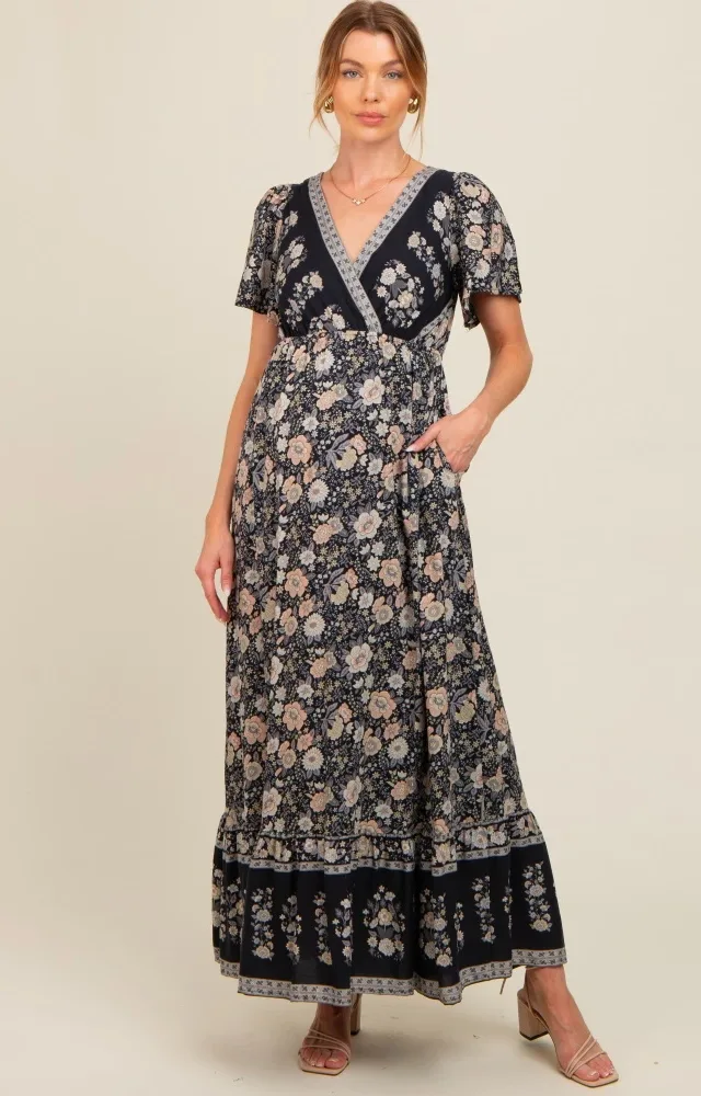 Black Floral Border Printed Woven Short Sleeve V-Neck Maternity Maxi Dress