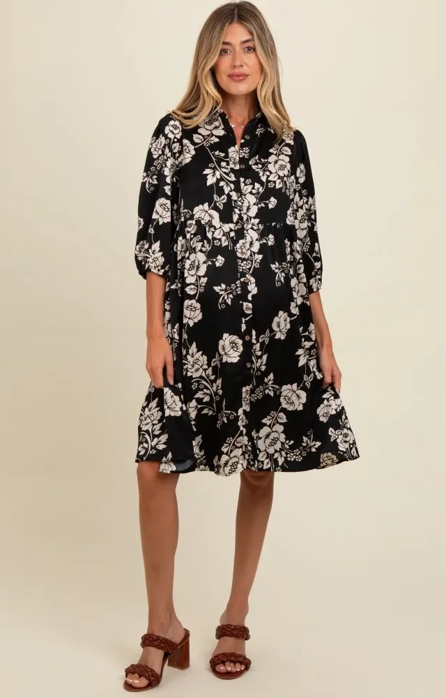 Black Floral Button Down Collared Maternity Dress