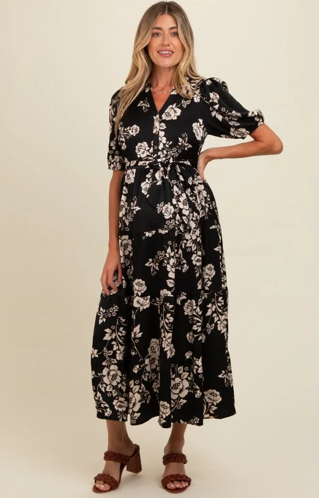 Black Floral Button Down Front Tie Maternity Midi Dress