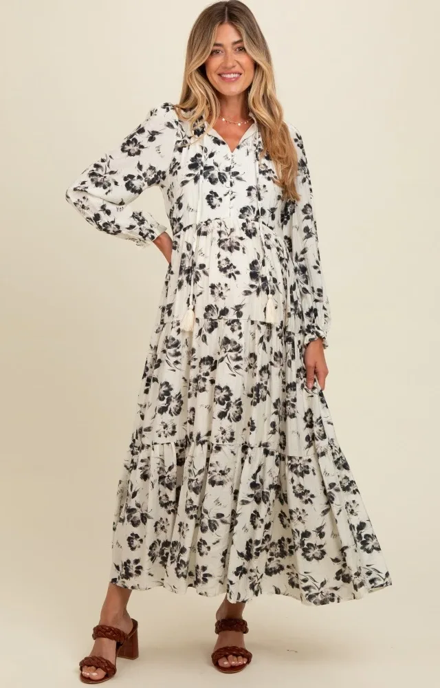 Black Floral Button Front Tiered Long Sleeve Maternity Maxi Dress