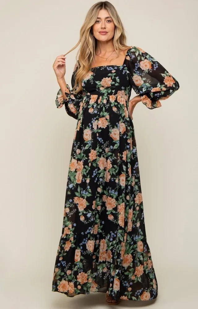 Black Floral Chiffon 3/4 Ruffle Sleeve Maternity Dress