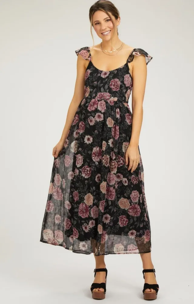 Black Floral Chiffon Back Tie Maternity Maxi Dress