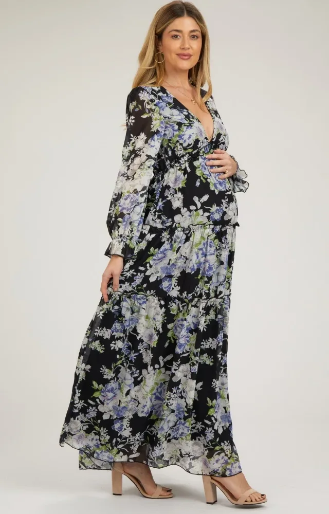 Black Floral Chiffon Deep V Ruffle Tiered Maternity Maxi Dress