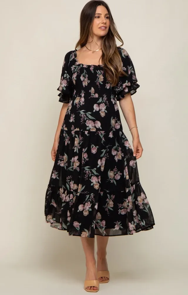 Black Floral Chiffon Ruffle Square Neck Smocked Maternity Midi Dress