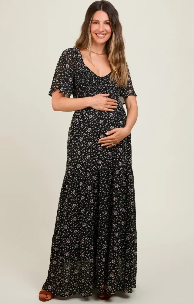 Black Floral Chiffon Smocked Maternity Maxi Dress