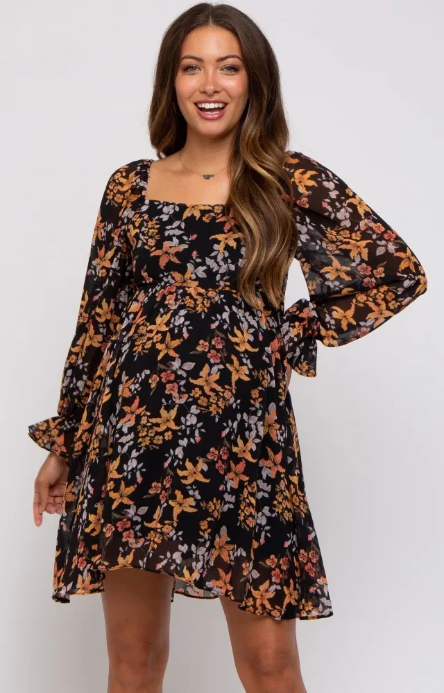 Black Floral Chiffon Square Neck Maternity Dress