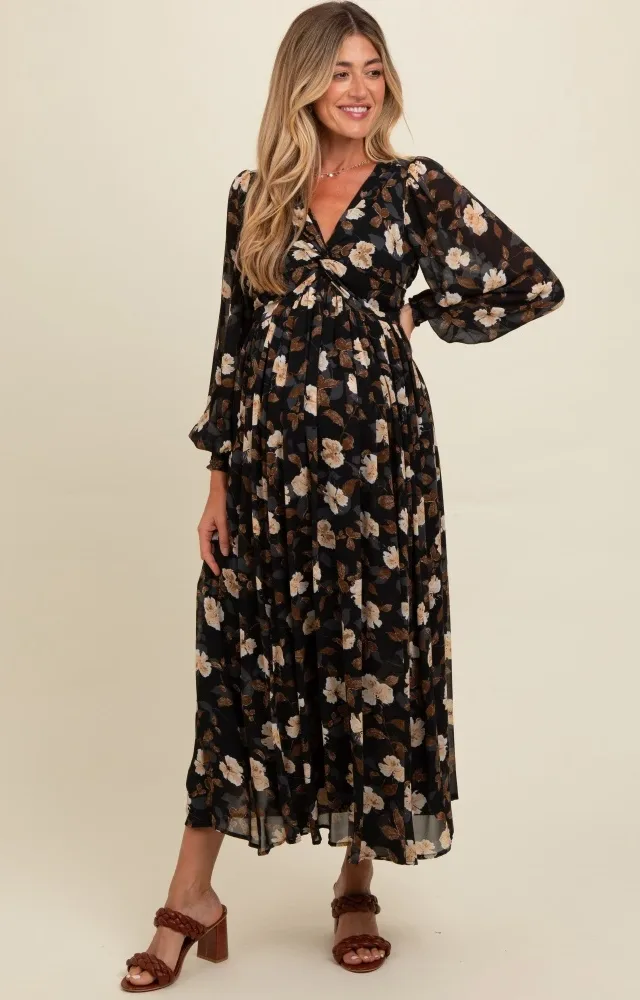 Black Floral Chiffon Twist Front Wrap Maternity Maxi Dress