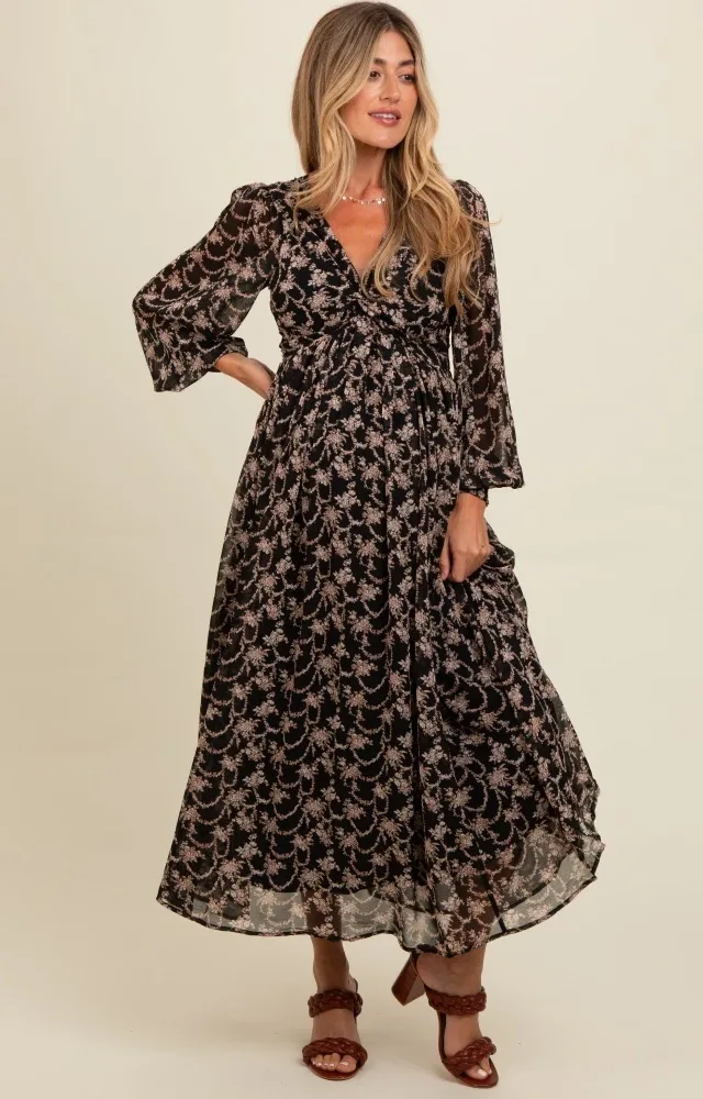 Black Floral Chiffon Twist Wrap Maternity Maxi