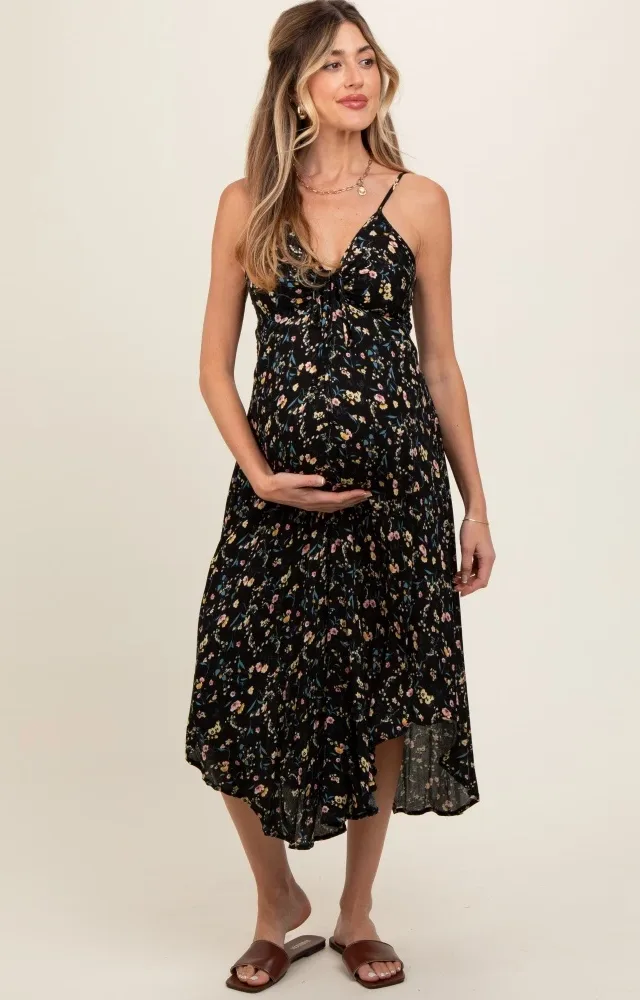 Black Floral Cinched Tie Bust Maternity Midi Dress