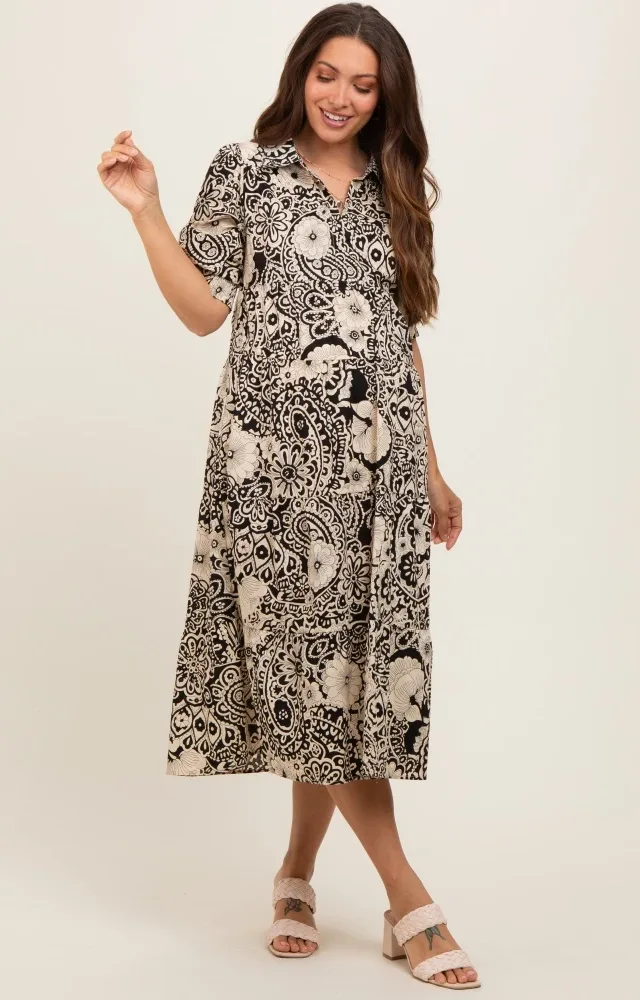 Black Floral Collared Tiered Maternity Midi Dress