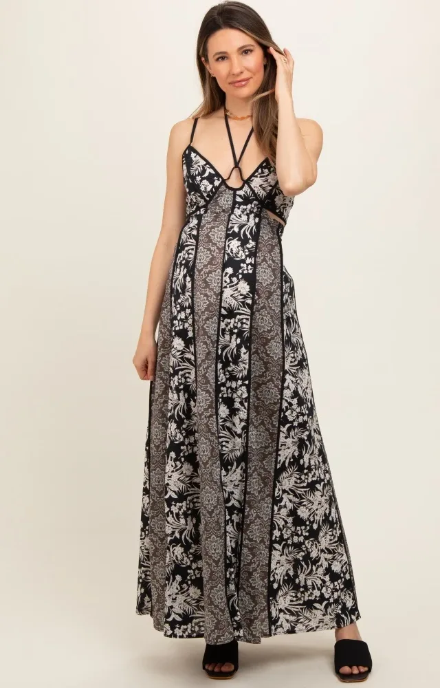 Black Floral Colorblock Cutout Open Back Maternity Dress