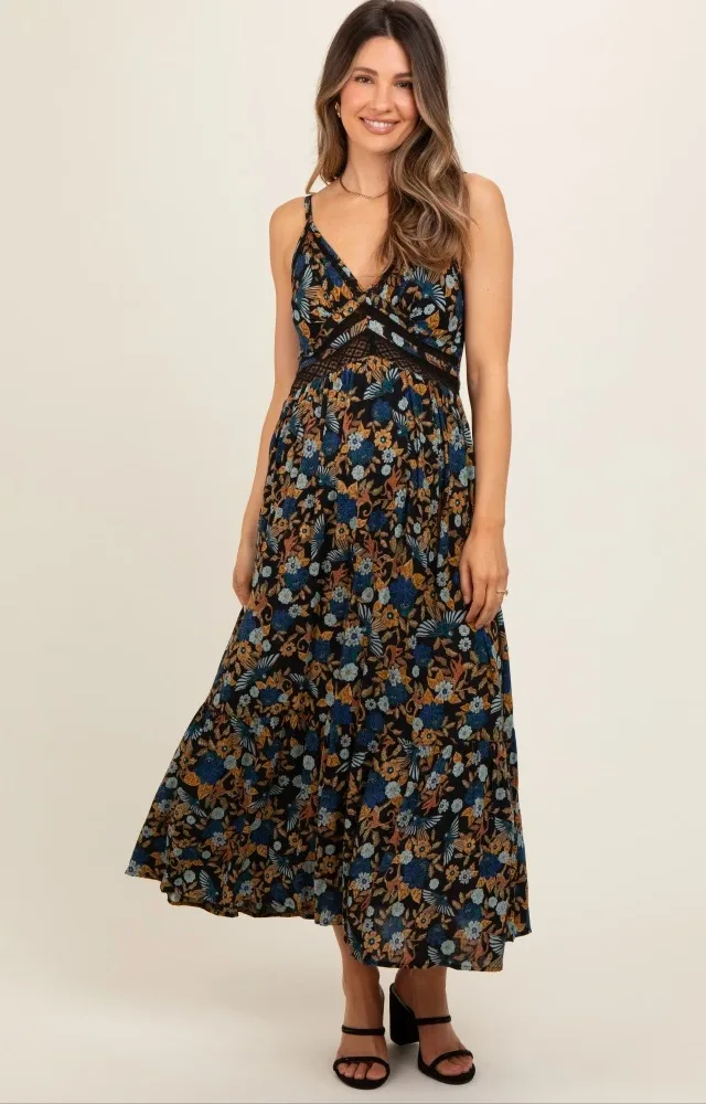 Black Floral Crochet Inset V-Neck Maternity Midi Dress