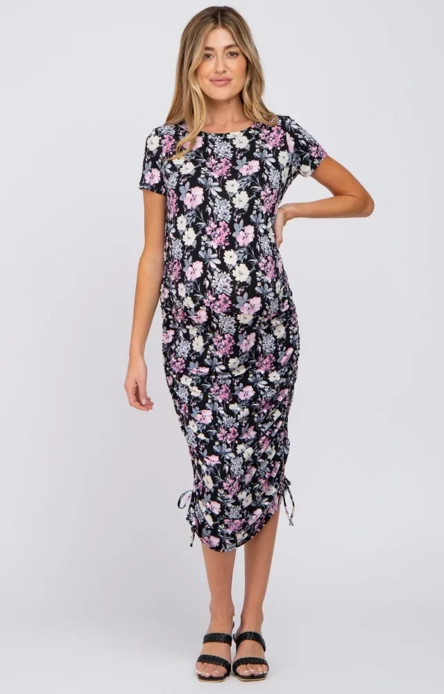 Black Floral Fitted Ruched Maternity Midi Dress