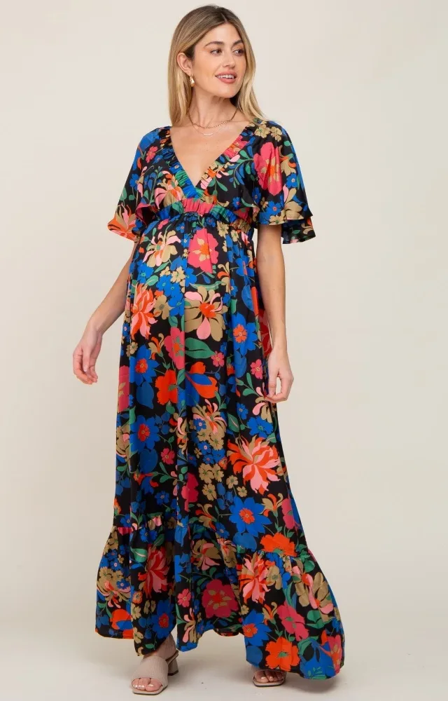 Black Floral Flounce Sleeve Maternity Maxi Dress