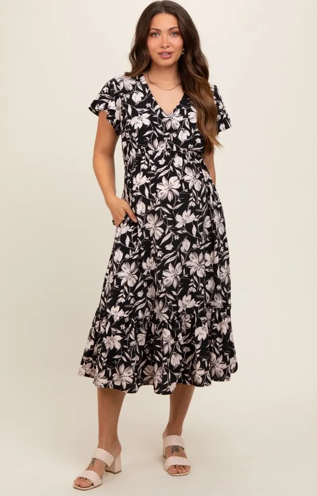 Black Floral Flutter Sleeve Maternity Midi Dress