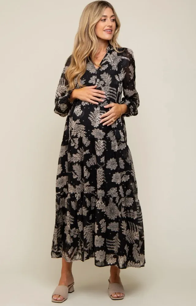 Black Floral Front Button Tiered Maternity Maxi Dress