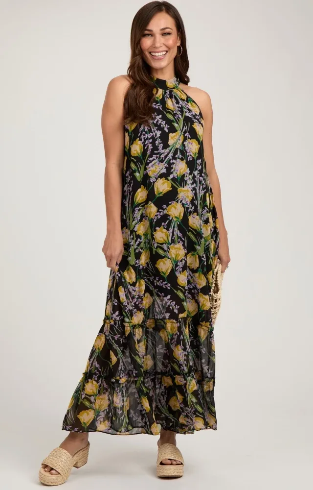 Black Floral Halter Maternity Maxi Dress