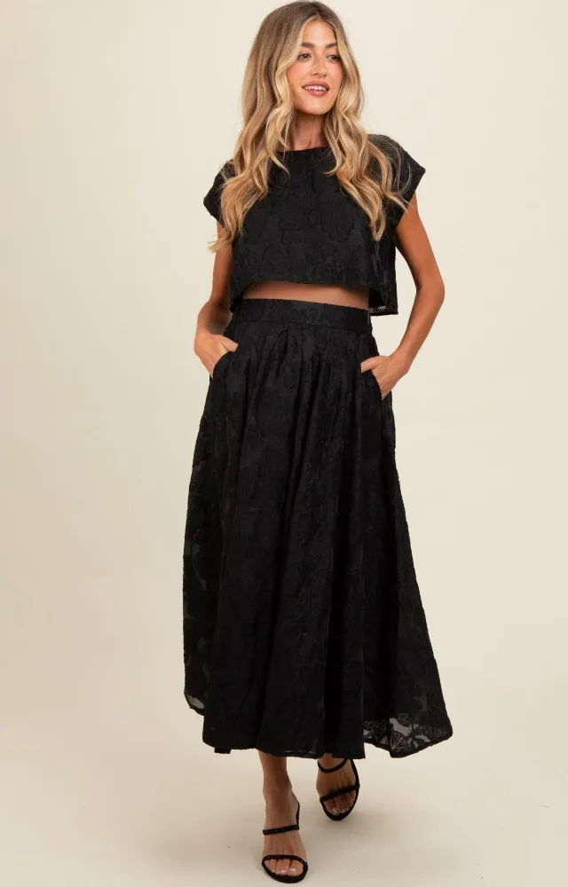 Black Floral Jacquard Crop Top And Skirt Maternity Set