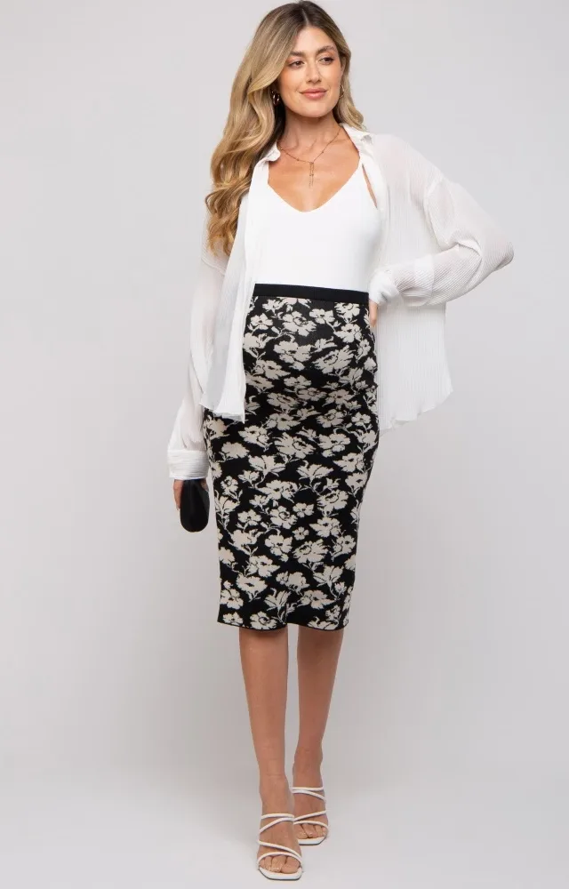 Black Floral Knit Maternity Midi Skirt