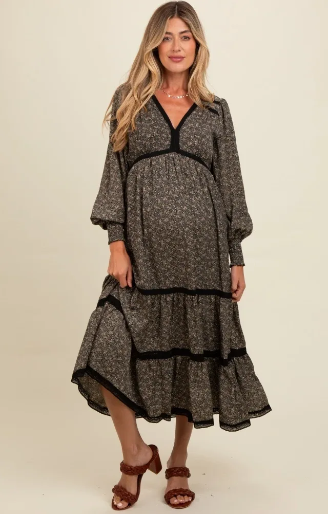 Black Floral Lace Trim Bubble Sleeve Maternity Maxi Dress