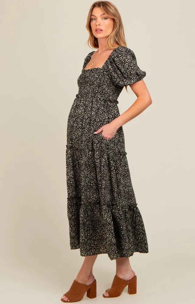 Black Floral Leopard Print Maternity Midi Dress