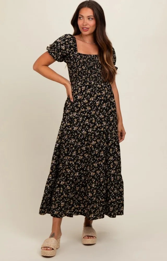 Black Floral Midi Maternity Dress