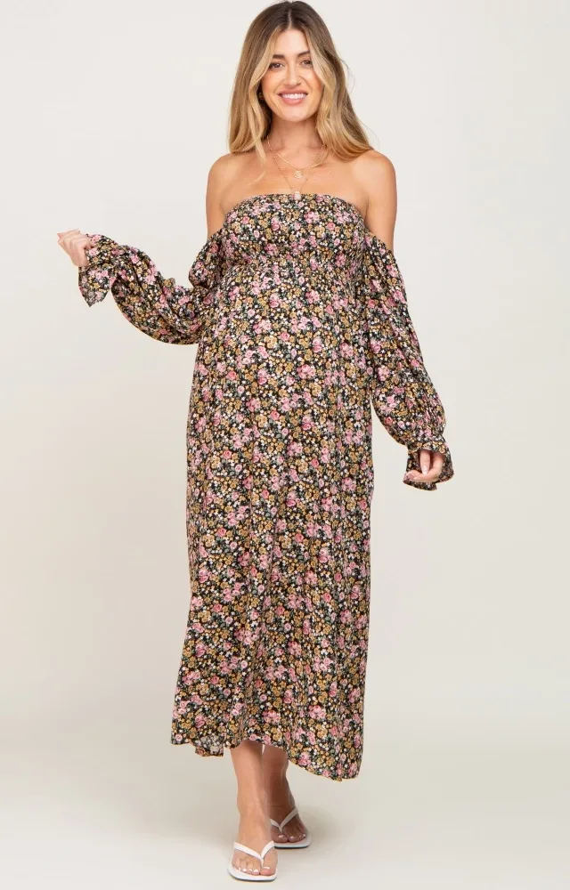 Black Floral Off Shoulder Long Sleeve Maternity Dress