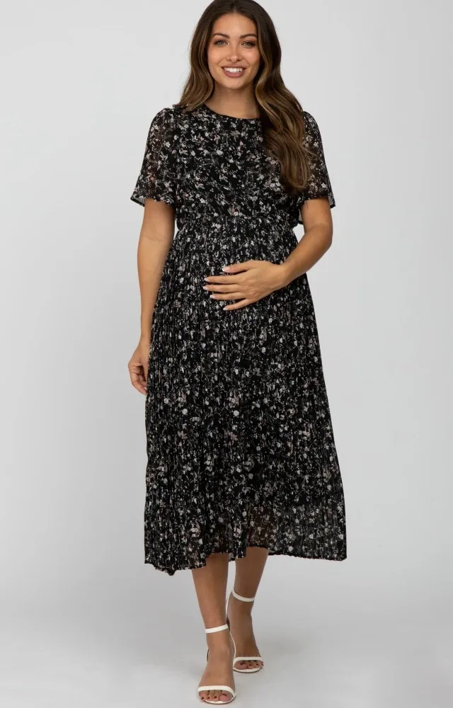 Black Floral Pleated Chiffon Maternity Midi Dress