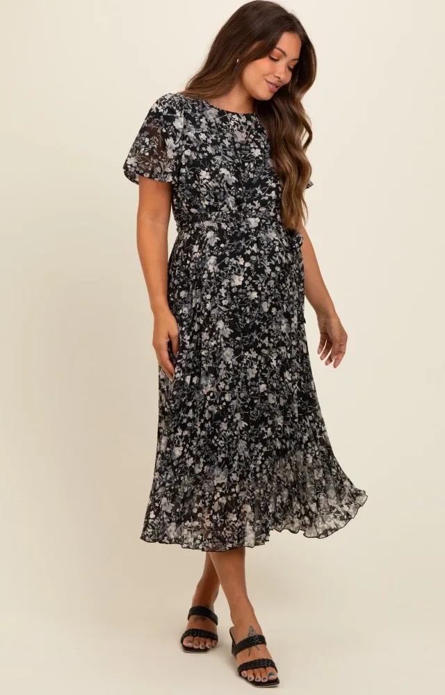 Black Floral Pleated Maternity Midi Dress