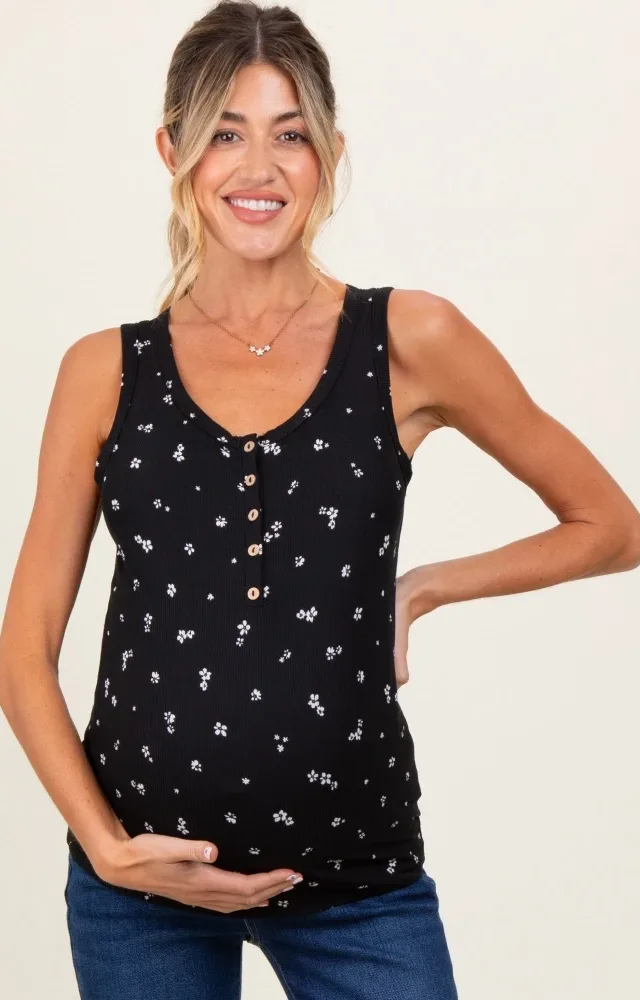 Black Floral Print Ribbed Henley Sleeveless Maternity Top