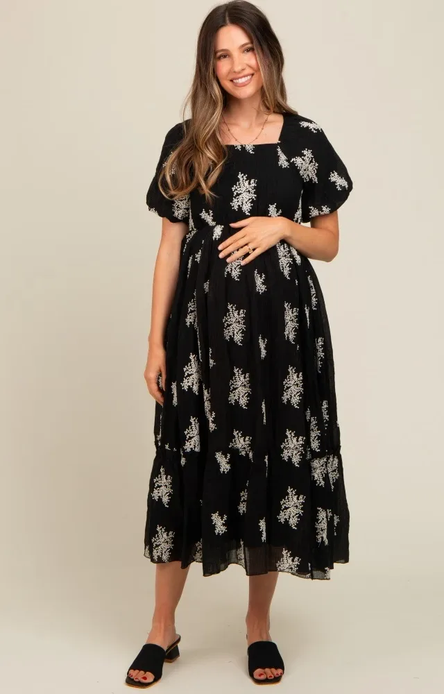 Black Floral Print Ruffle Hem Maternity Midi Dress