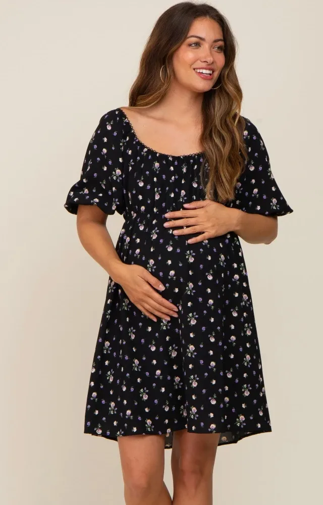 Black Floral Puff Sleeve Maternity Dress