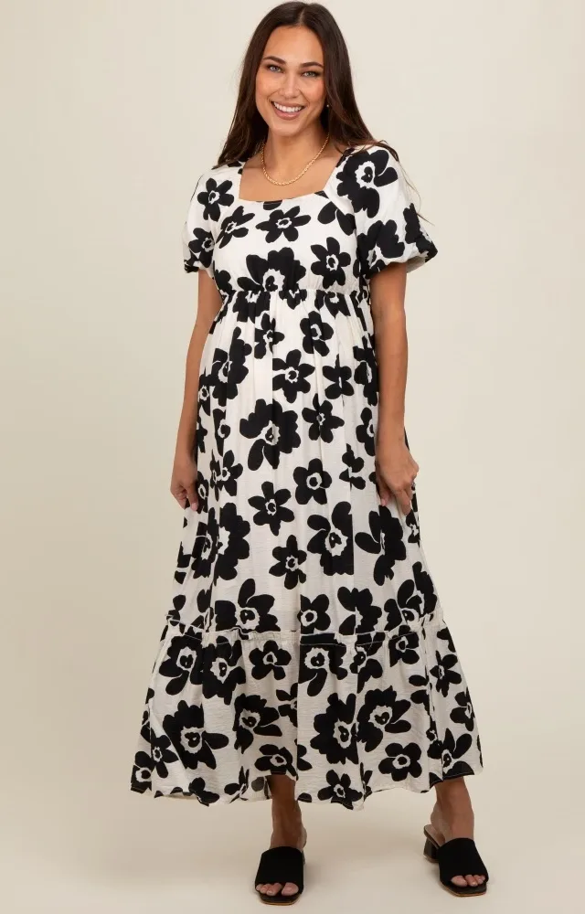 Black Floral Puff Sleeve Maternity Maxi Dress