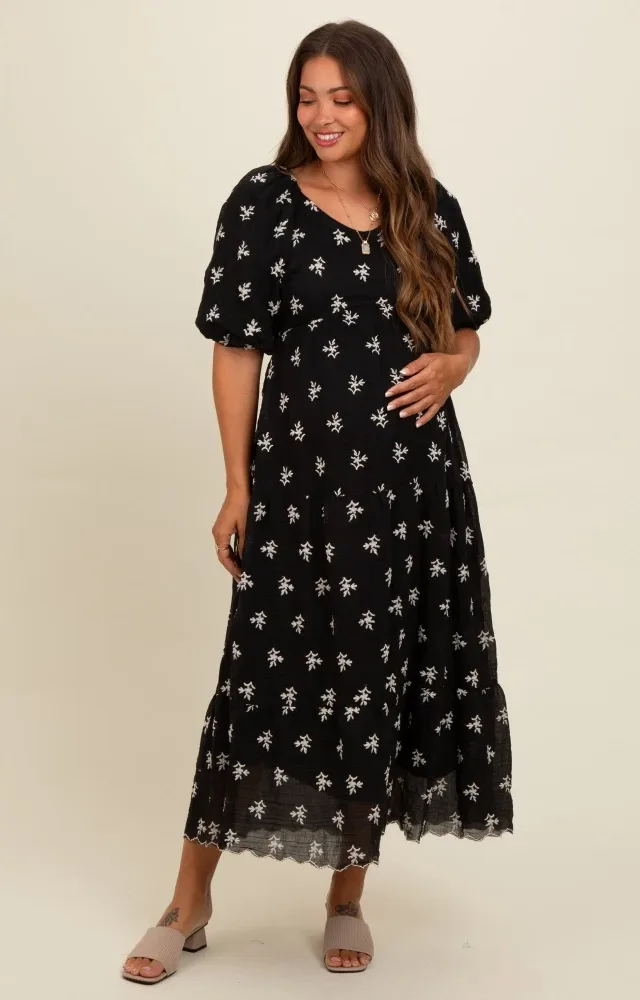 Black Floral Puff Sleeve Maternity Midi Dress