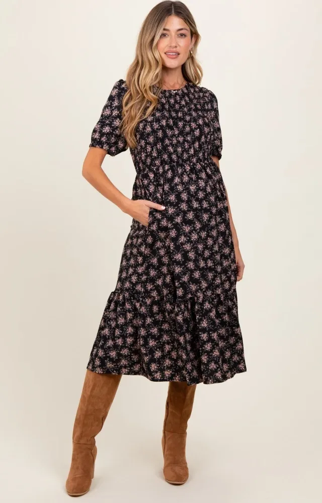 Black Floral Puff Sleeve Smocked Maternity Midi Dress