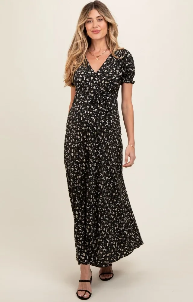 Black Floral Puff Sleeve V Neck Maternity Maxi Dress