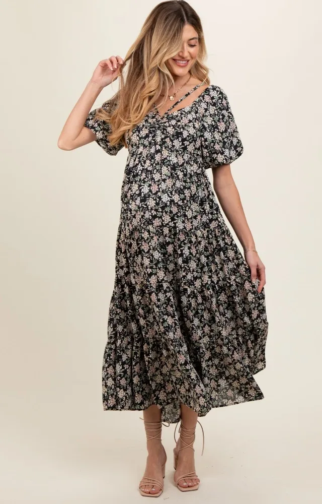 Black Floral Ruched Strappy V-Neck Front Puff Short Sleeve Maternity Midi Dress