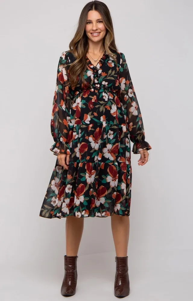 Black Floral Ruffle V-Neck Maternity Dress